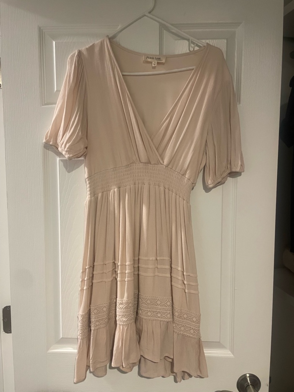 Peach Love California Beige V-Neck Smocked Mini Dress